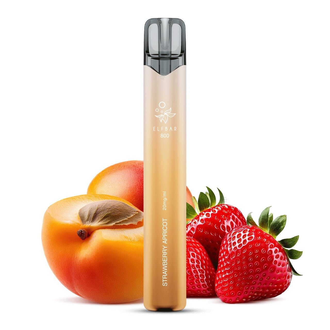 Elfbar 800 Strawberry Apricot 20mg vor Erdbeer-Aprikosen-Hintergrund, fruchtige Einweg E-Zigarette, Smokeyz24.de