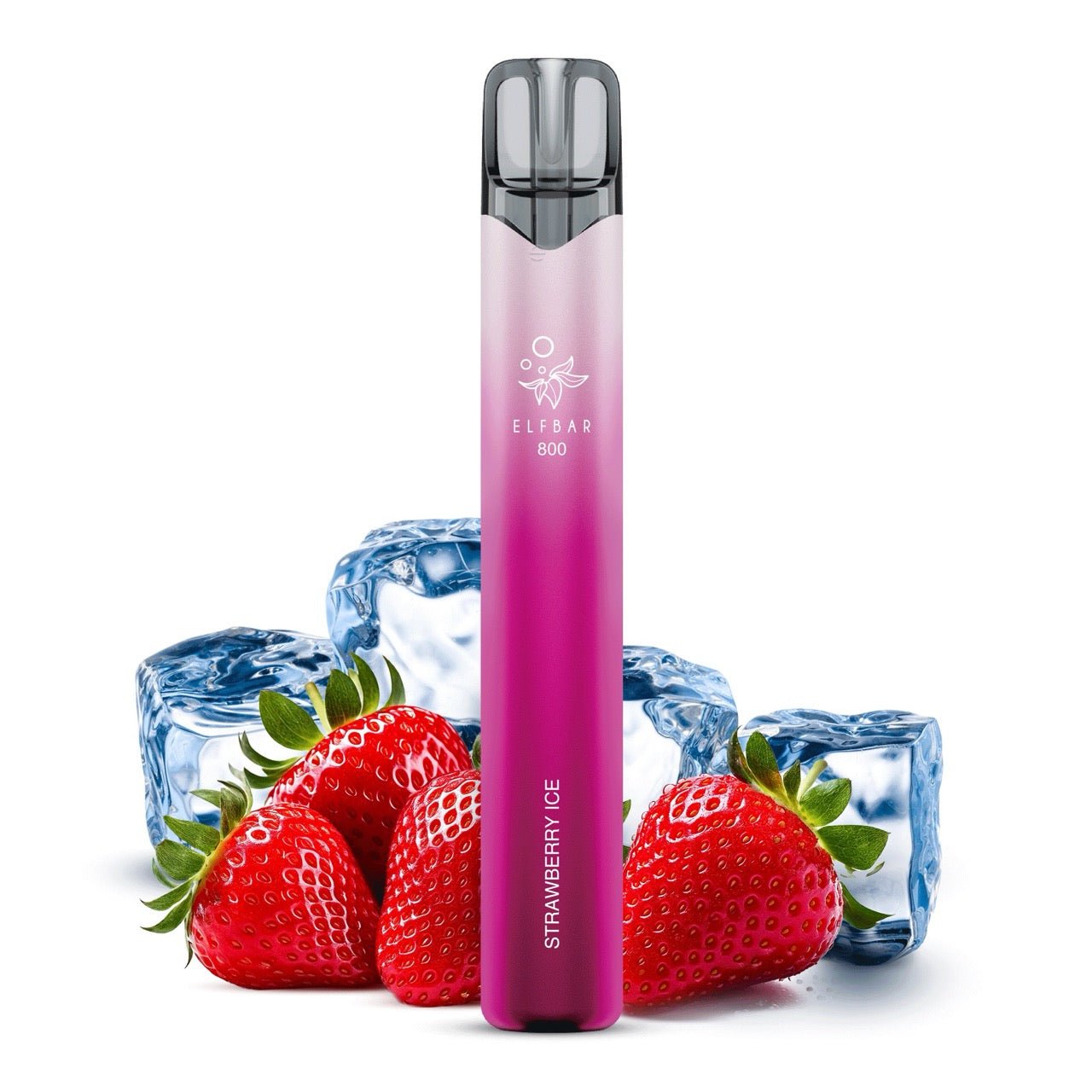 Elfbar 800 Strawberry Ice 20mg vor Erdbeer-Eis-Hintergrund, fruchtig-frische Einweg E-Zigarette, Smokeyz24.de