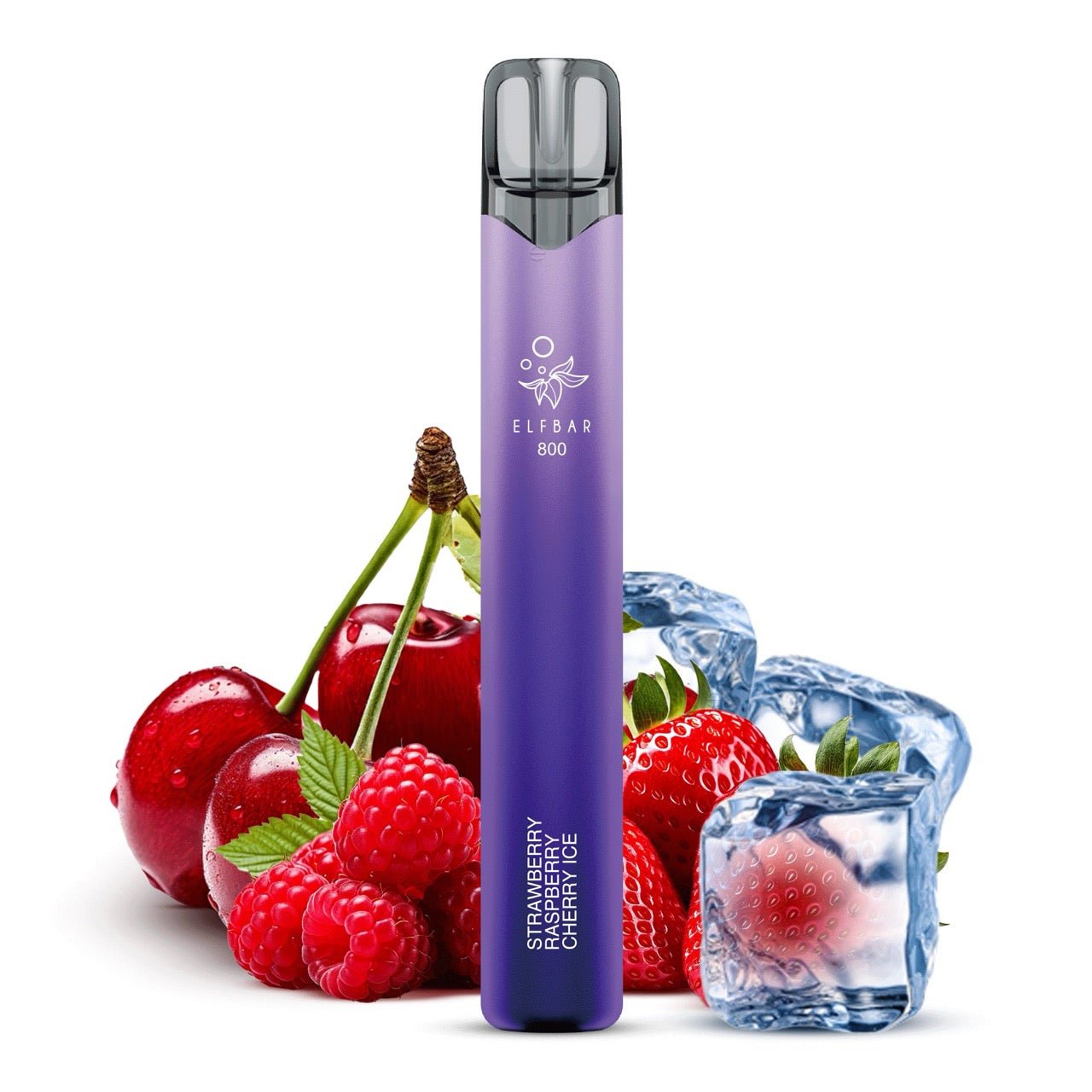 Elfbar 800 Strawberry Raspberry Cherry Ice 20mg vor Früchte-Eis-Hintergrund, fruchtig-frische Einweg E-Zigarette, Smokeyz24.de