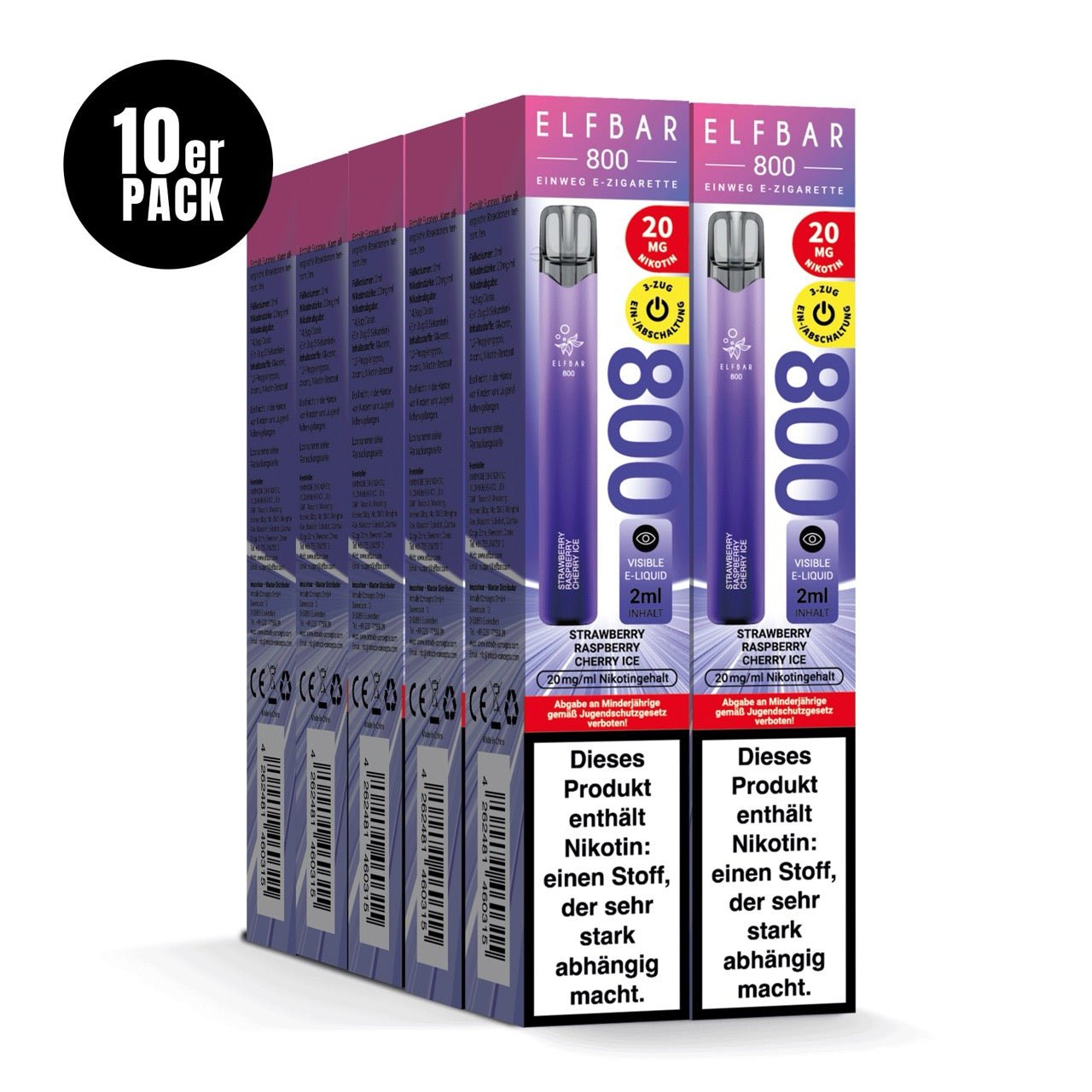 Elfbar 800 Strawberry Raspberry Cherry Ice 20mg 10er Sparpaket, zehn Einweg E-Zigaretten Verpackungen, Erdbeere Himbeere Kirsche Ice, Smokeyz24.de