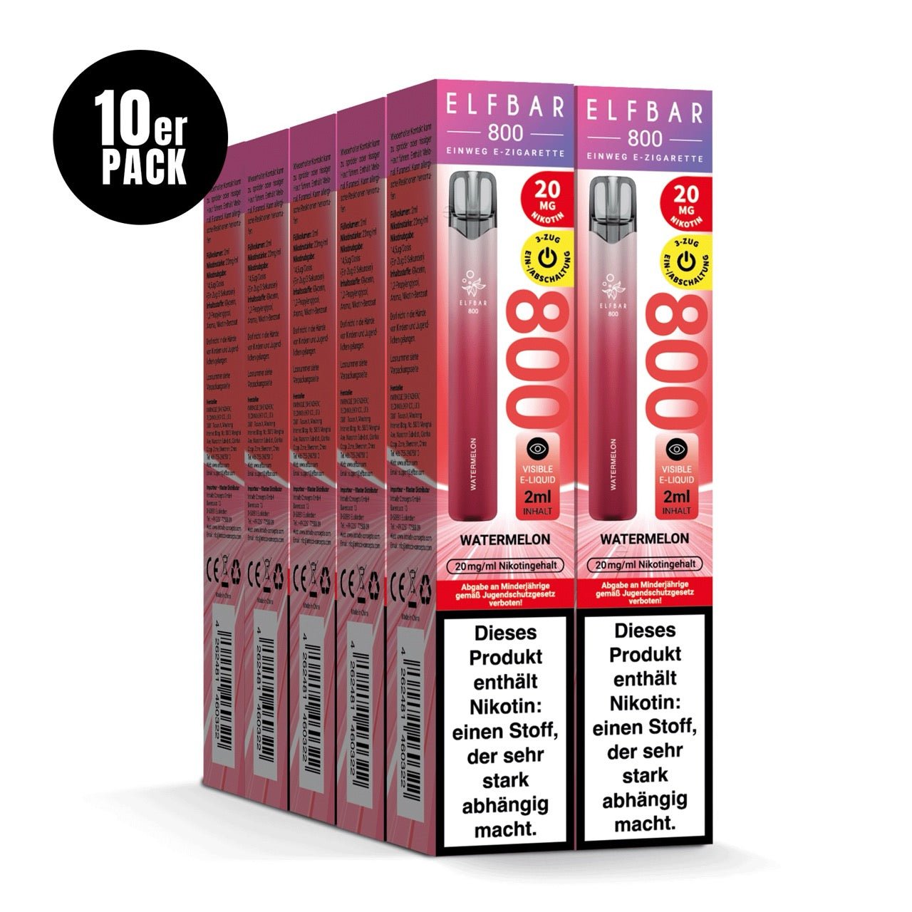 Elfbar 800 Watermelon 20mg 10er Sparpaket, zehn Einweg E-Zigaretten Verpackungen, Wassermelone, Smokeyz24.de