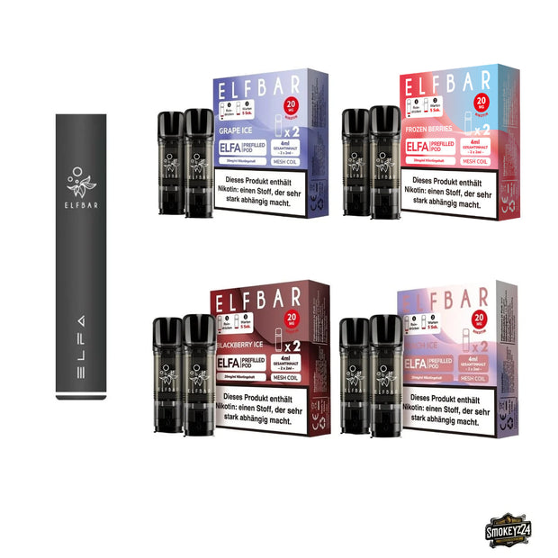 Elfbar ELFA Akku Bundle mit Grape Ice, Frozen Berries, Blackberry Ice und Peach Ice Pods