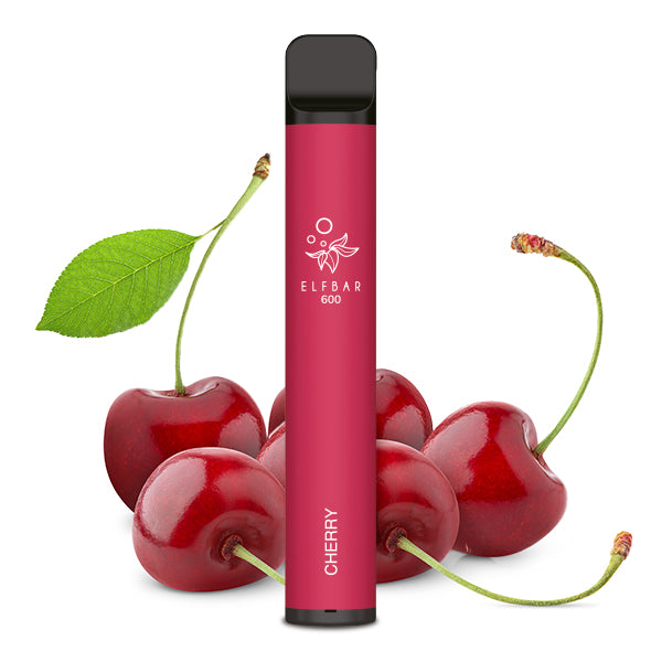Elfbar Cherry 0mg mit frischen Kirschen im Hintergrund