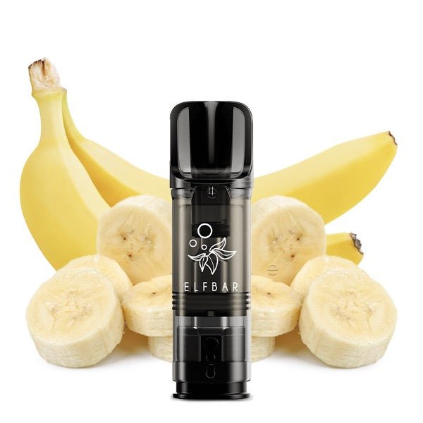 Elfbar ELFA Pod Banana 20mg vor Bananen-Hintergrund, cremige Nikotinsalz Pods, Smokeyz24.de