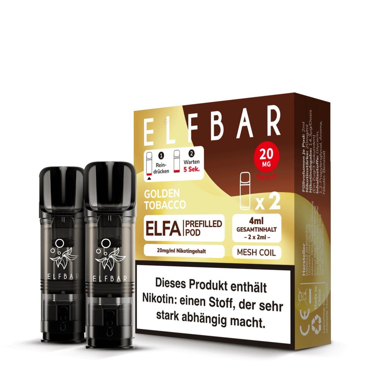 Elfbar ELFA Pods Golden Tobacco 20mg, 2er Packung mit zwei Pods, Tabak Pods für ELFA System, Smokeyz24.de