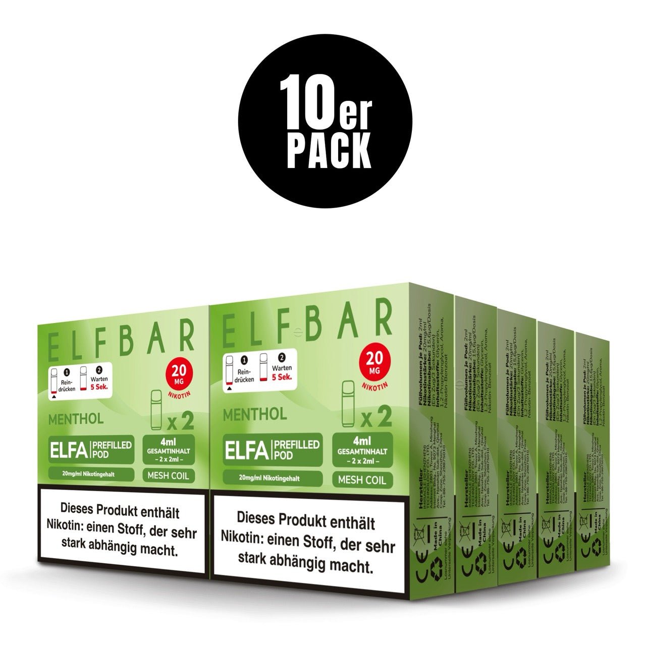Elfbar ELFA Pods Menthol 20mg 10x Sparpaket, zehn 2er Packungen, Menthol Pods für ELFA System, Smokeyz24.de