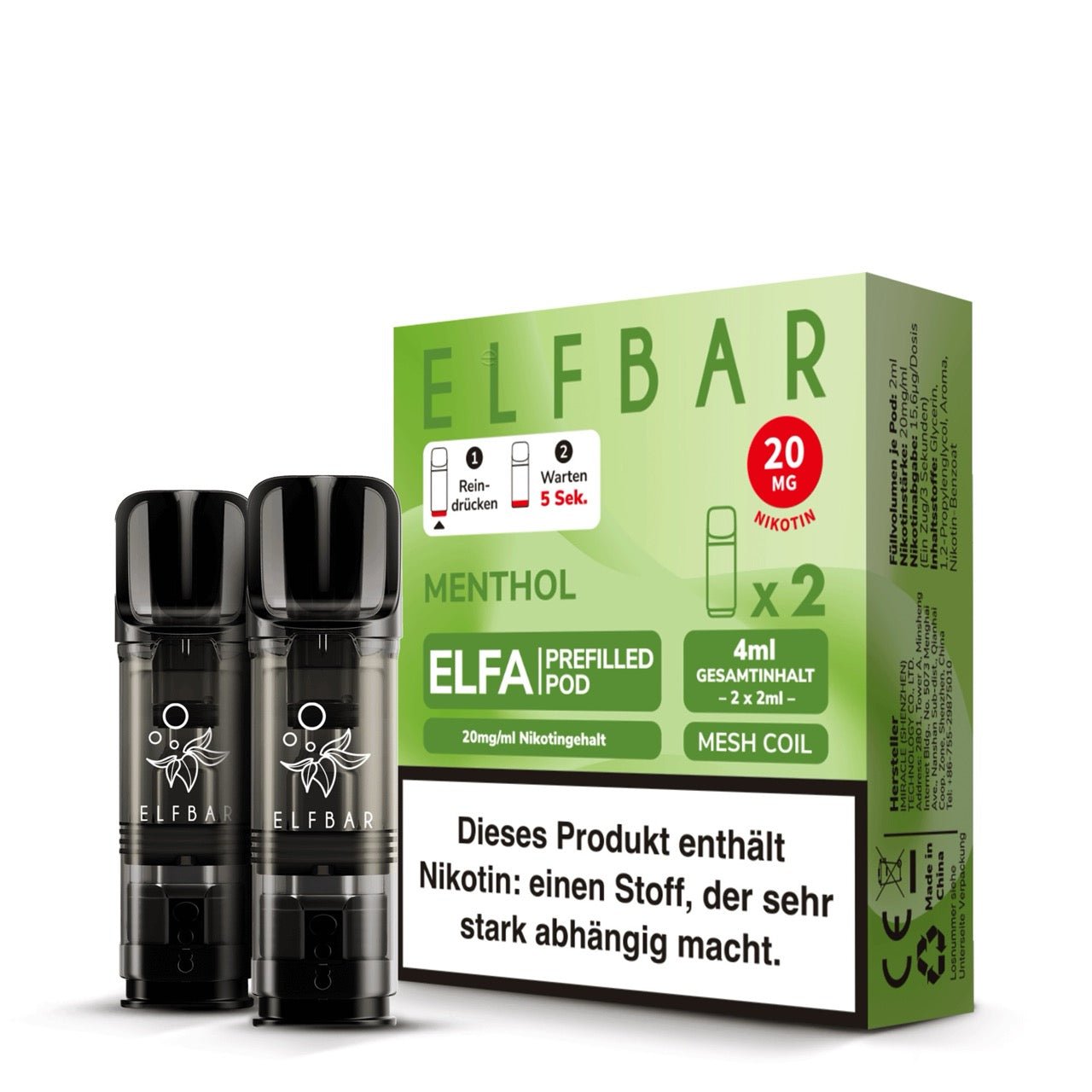 Elfbar ELFA Pods Menthol 20mg, 2er Packung mit zwei Pods, Menthol Pods für ELFA System, Smokeyz24.de