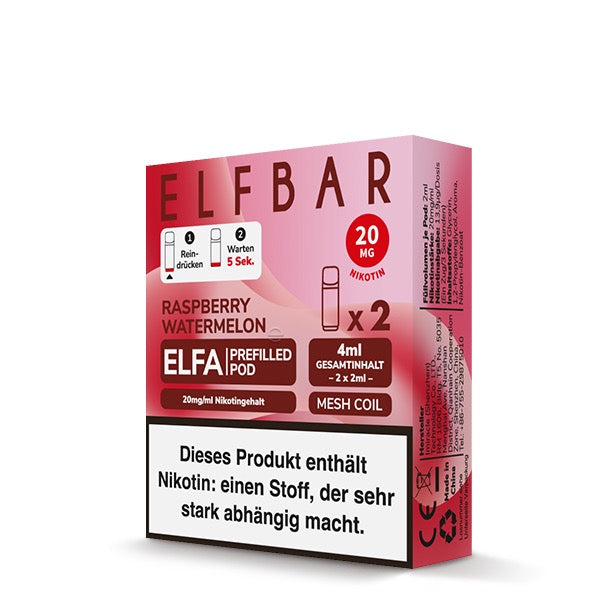 Elfa Pod Raspberry Watermelon 20mg – 2er-Pack von Elfbar, fruchtige Himbeeren & saftige Wassermelone Verpackung