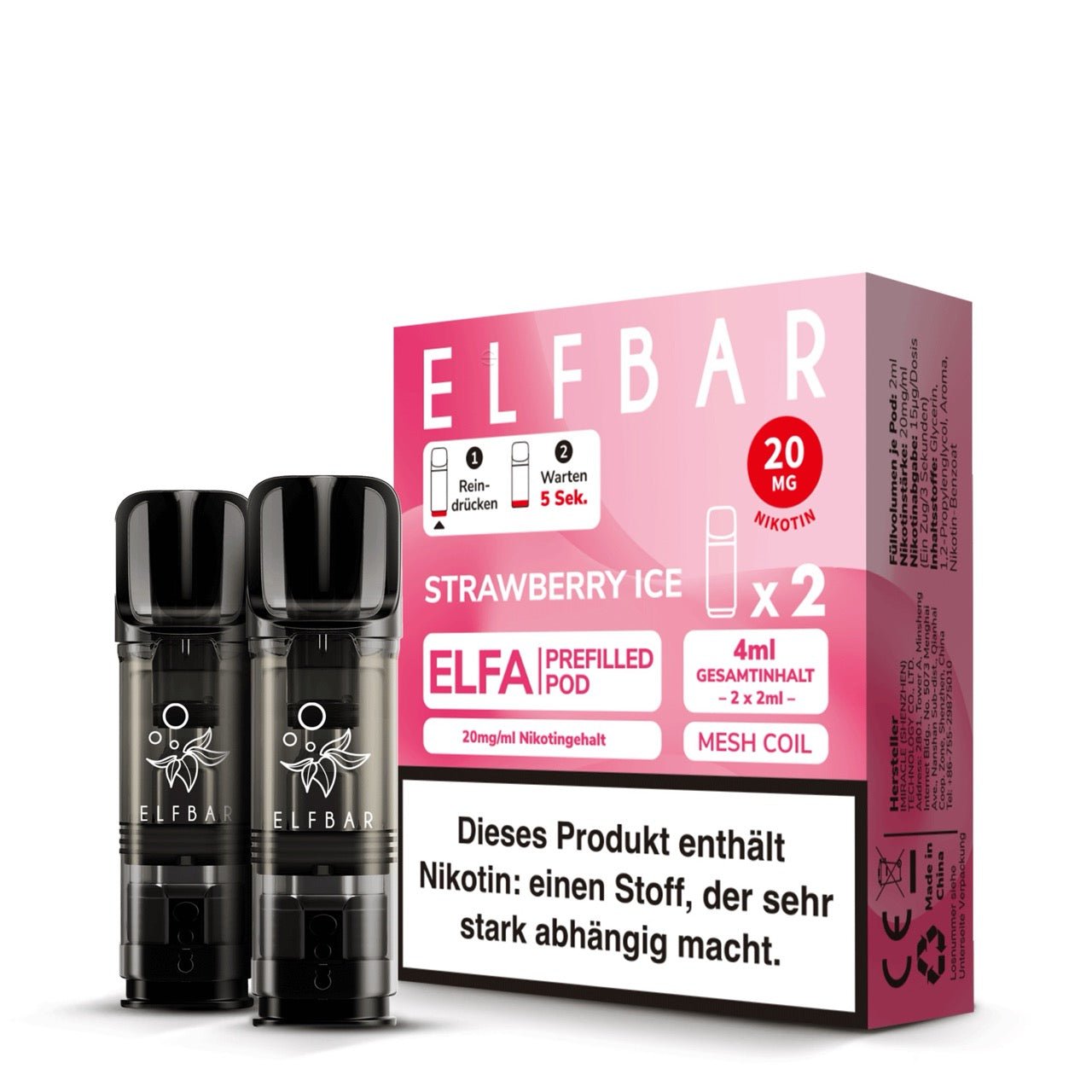 Elfbar ELFA Pods Strawberry Ice 20mg, 2er Packung mit zwei Pods, Erdbeer Pods für ELFA System, Smokeyz24.de