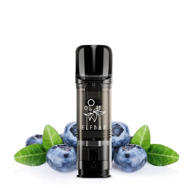 Elfbar ELFA Blueberry 0mg Pod vor Blaubeer-Hintergrund, nikotinfreie Heidelbeer Pods, Smokeyz24.de