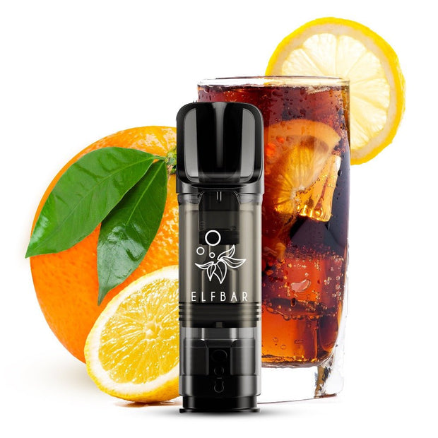 Elfbar ELFA Pod Cola & Orange vor Cola-Glas mit Orangenscheiben.