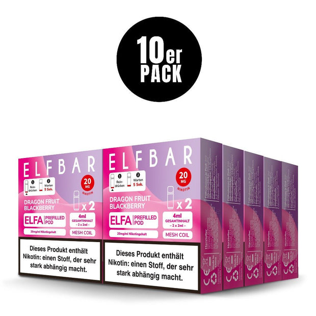 Elfbar ELFA Pods Dragon Fruit Blackberry – 10er Sparpaket mit zehn 2er-Packs (insgesamt 20 Pods / 40 ml).