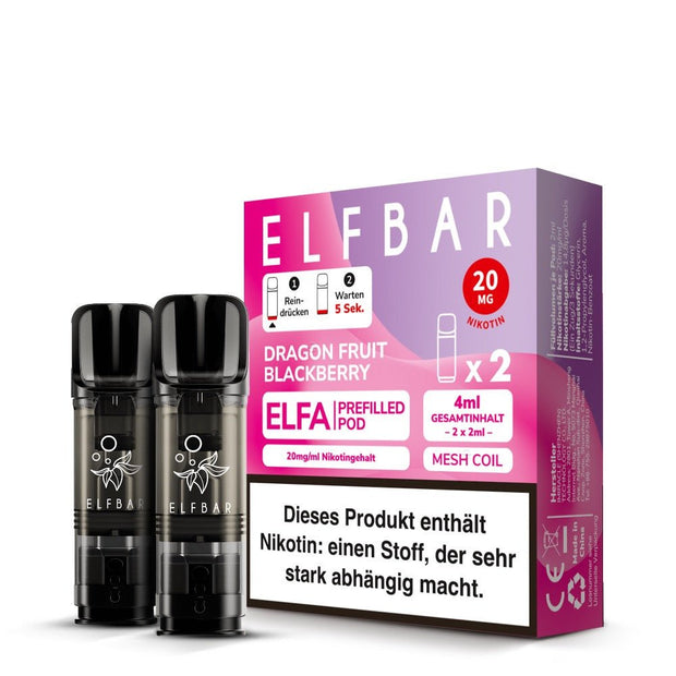 Elfbar ELFA Pods Dragon Fruit & Blackberry 20 mg – 2er Pack mit zwei vorbefüllten Pods (2×2 ml), Mesh-Coil.