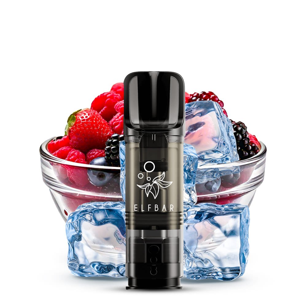 Elfbar ELFA Pod Frozen Berries vor Beerenmix und Eiswürfeln - fruchtig-kühles Aroma