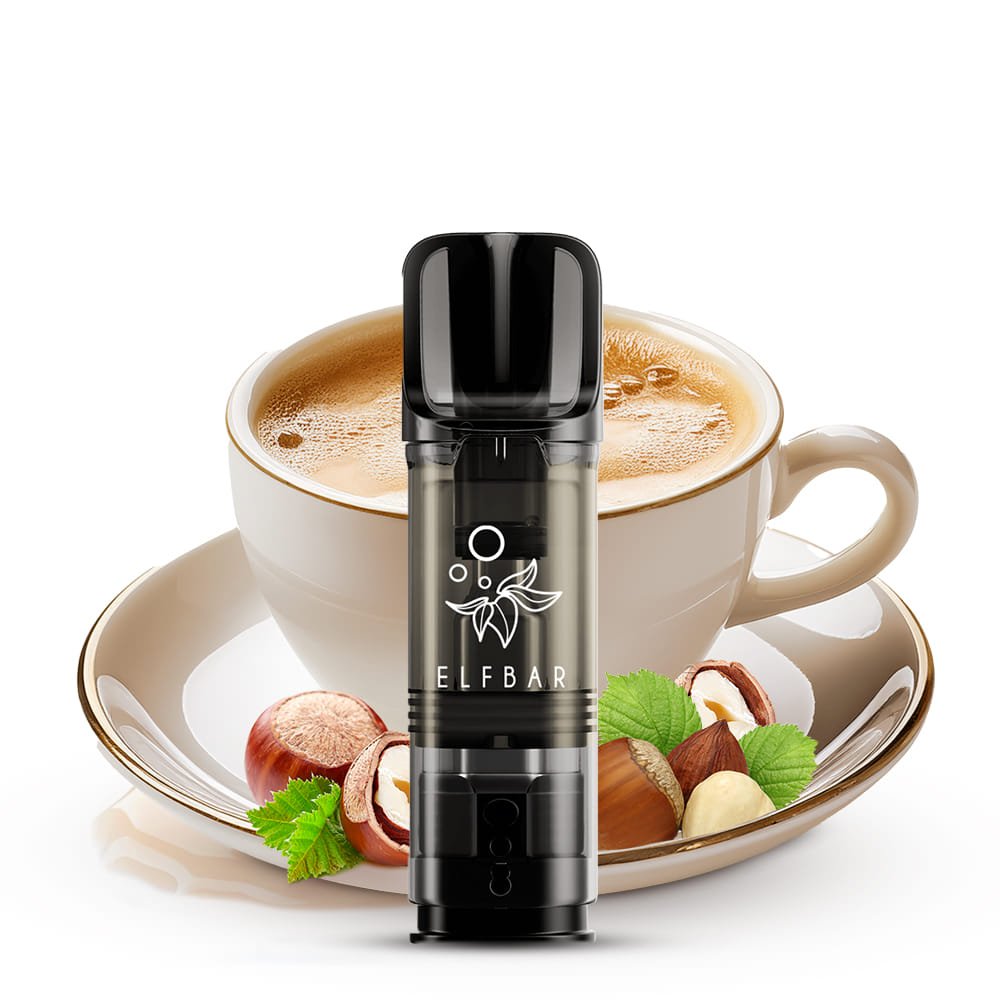 Elfbar ELFA Hazelnut Coffee Pod vor Kaffeetasse und Haselnüssen - Geschmacksmotiv