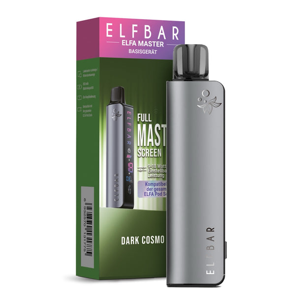 Elfbar Elfa Master Dark Cosmo Basisgerät vor Verpackung, Farbdisplay sichtbar