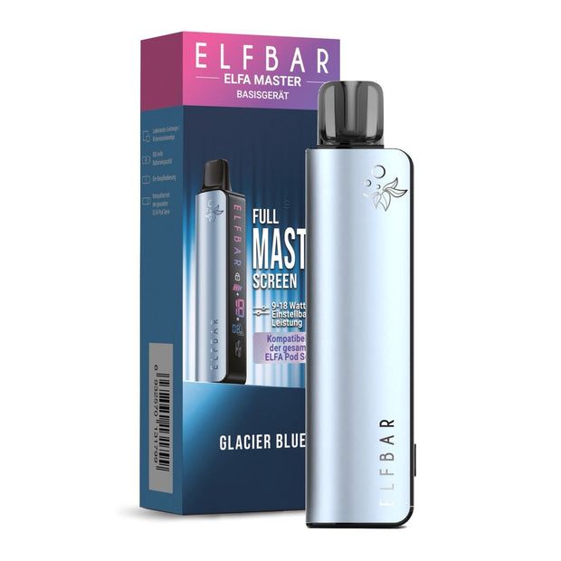 Elfbar Elfa Master Glacier Blue Basisgerät vor Verpackung, Farbdisplay sichtbar