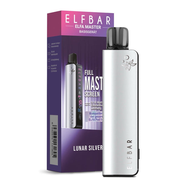 Elfbar Elfa Master Lunar Silver Basisgerät vor Verpackung, Farbdisplay sichtbar