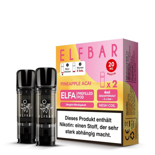 Elfbar ELFA Pods Pineapple Acai 20mg – 2er Pack mit Verpackung und zwei Pods davor.