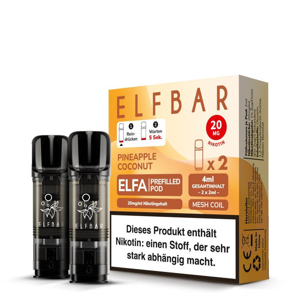 Elfbar ELFA Pods Pineapple Coconut 20mg – 2er Pack mit zwei vorbefüllten Pods (2×2 ml), 20 mg Nikotin, Mesh-Coil.