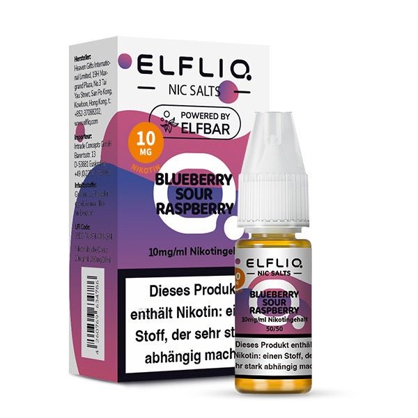 Elfliq Blueberry Sour Raspberry 10mg Liquid mit Verpackung