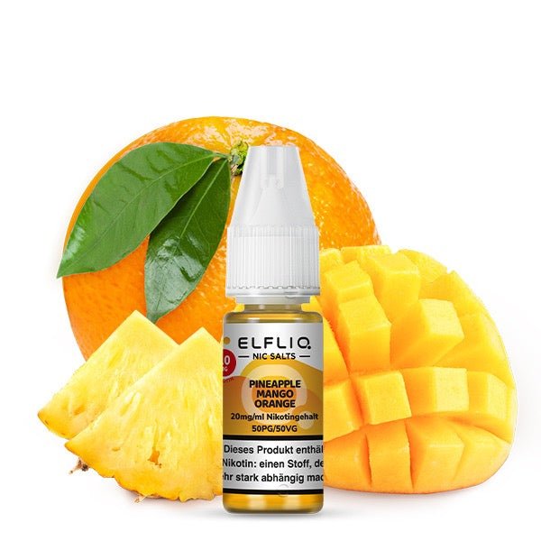 Elfliq Pineapple Mango Orange 20mg – Liquid Flasche mit Ananas, Mango und Orange im Hintergrund online kaufen