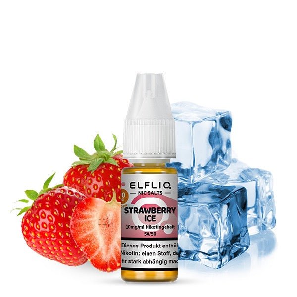 Elfliq Strawberry Ice 10mg Liquid Flasche mit Erdbeeren und Eiswürfeln