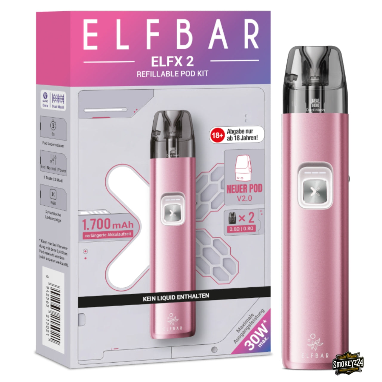 Elfbar ELFX 2 Berry Pink Refillable Pod Kit mit Verpackung und Gerät