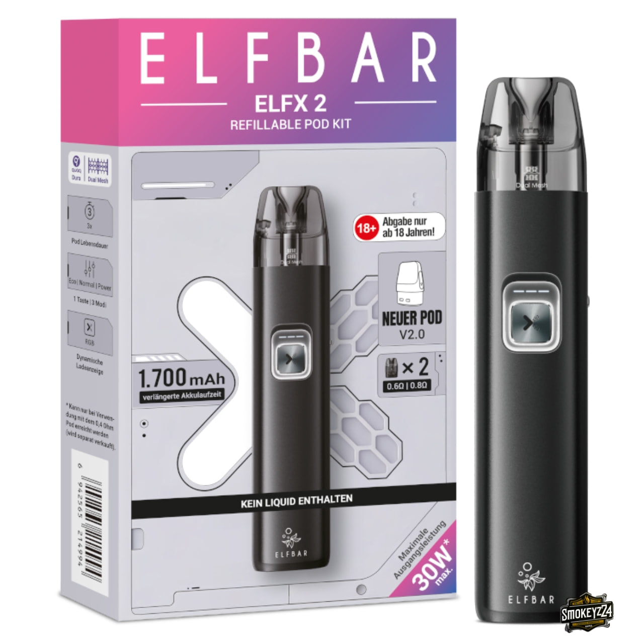 Elfbar ELFX 2 Black Refillable Pod Kit mit Verpackung und Gerät