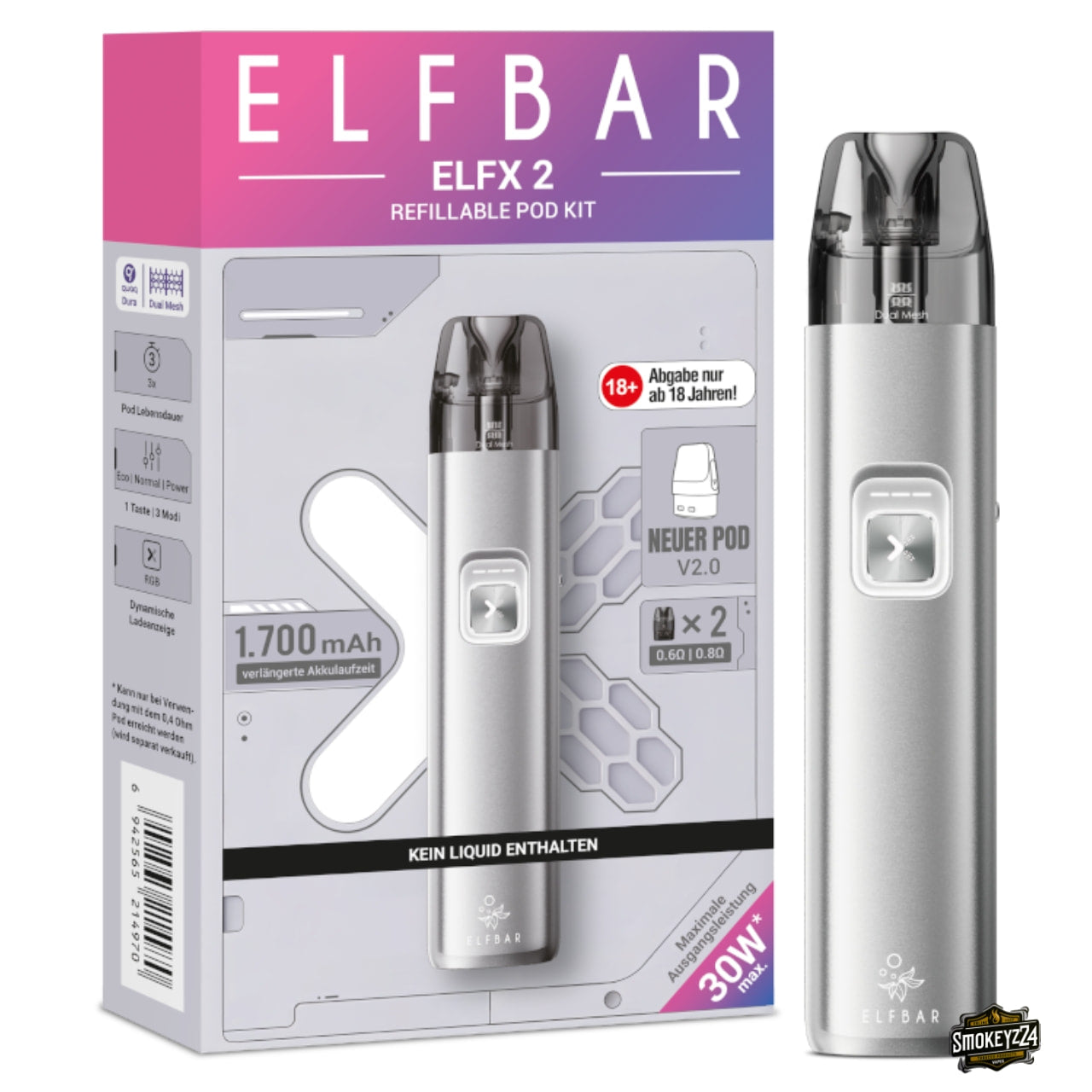 Elfbar ELFX 2 Titanium Silver Refillable Pod Kit mit Verpackung