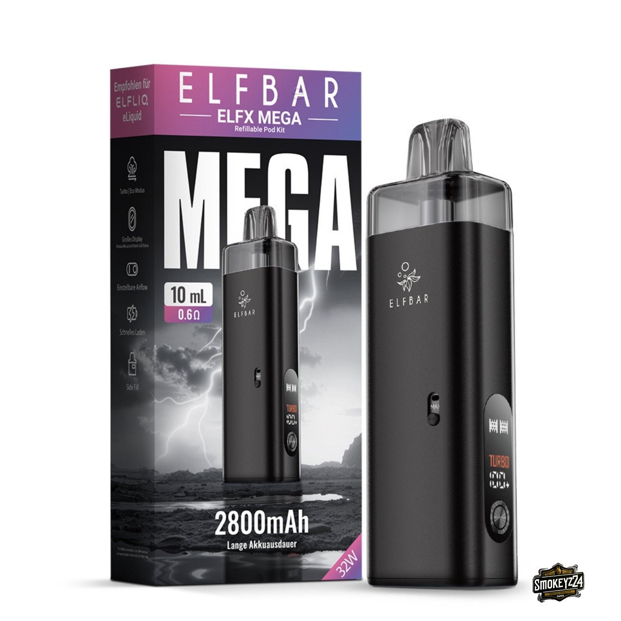 Elfbar ELFX MEGA Pod Kit Black: Gerät neben Verpackung, Refillable Pod System mit Display