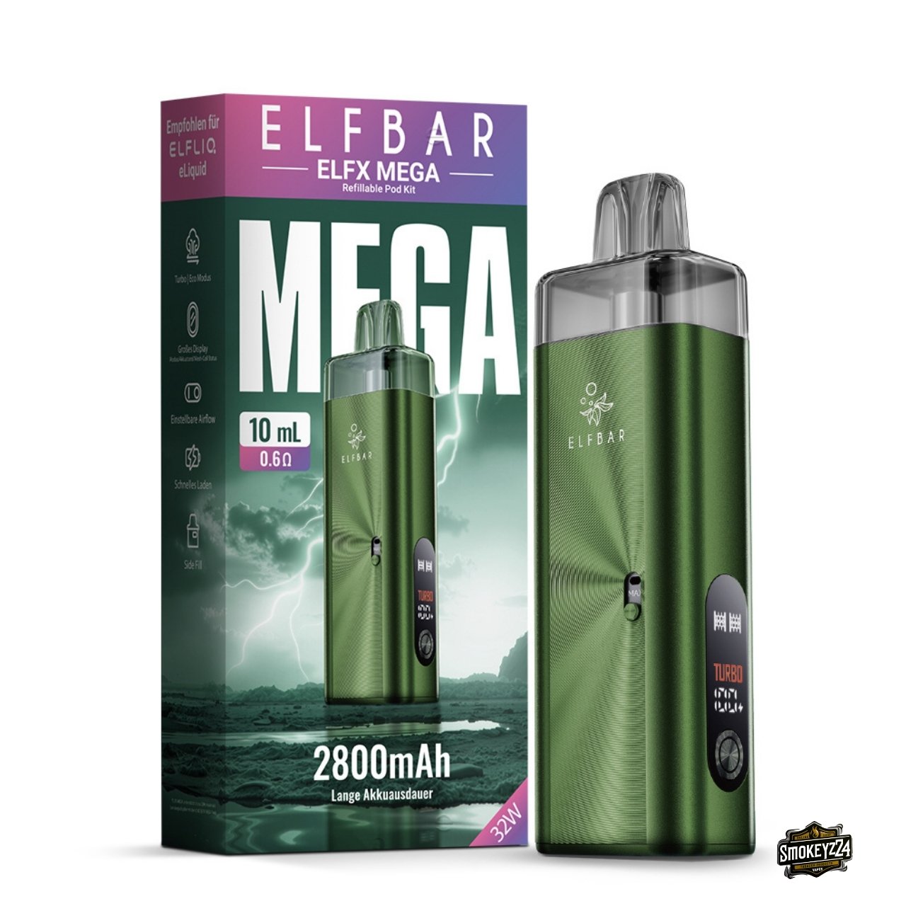 Elfbar ELFX MEGA Green/Grün Pod Kit - Gerät neben Verpackung, 2800mAh Akku, 10ml Tank, Eco/Turbo
