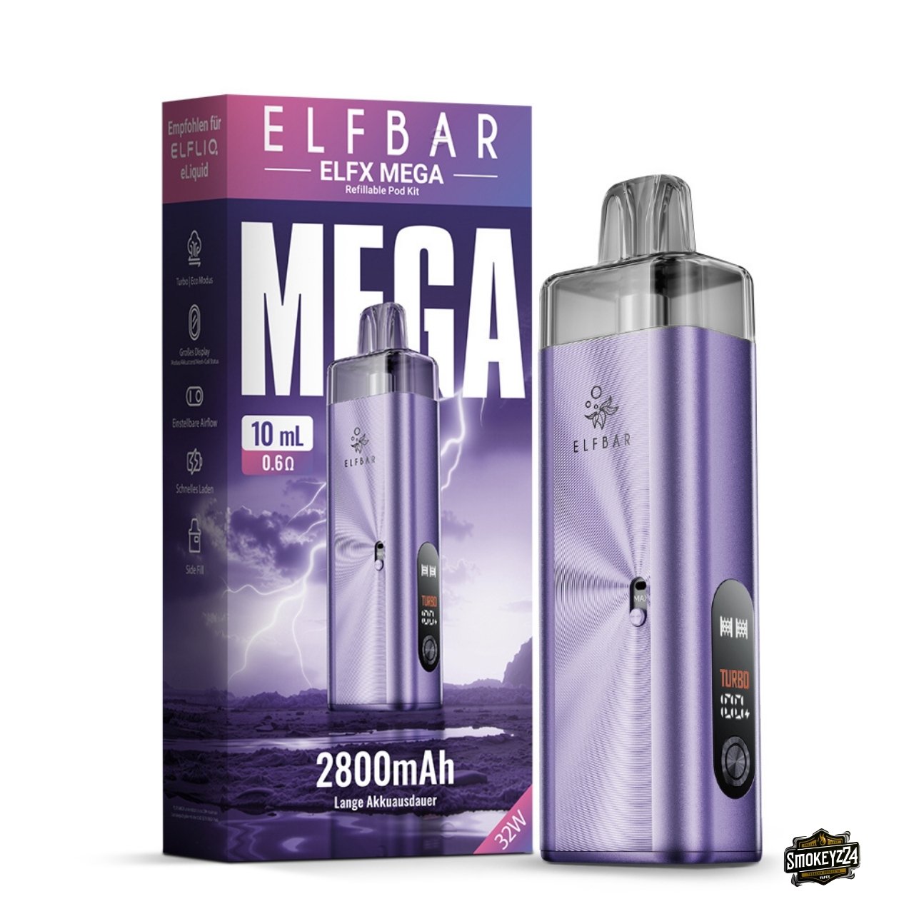 Elfbar ELFX MEGA Purple/Lila - Pod Kit mit Verpackung, 10ml Tank und Eco/Turbo Modus