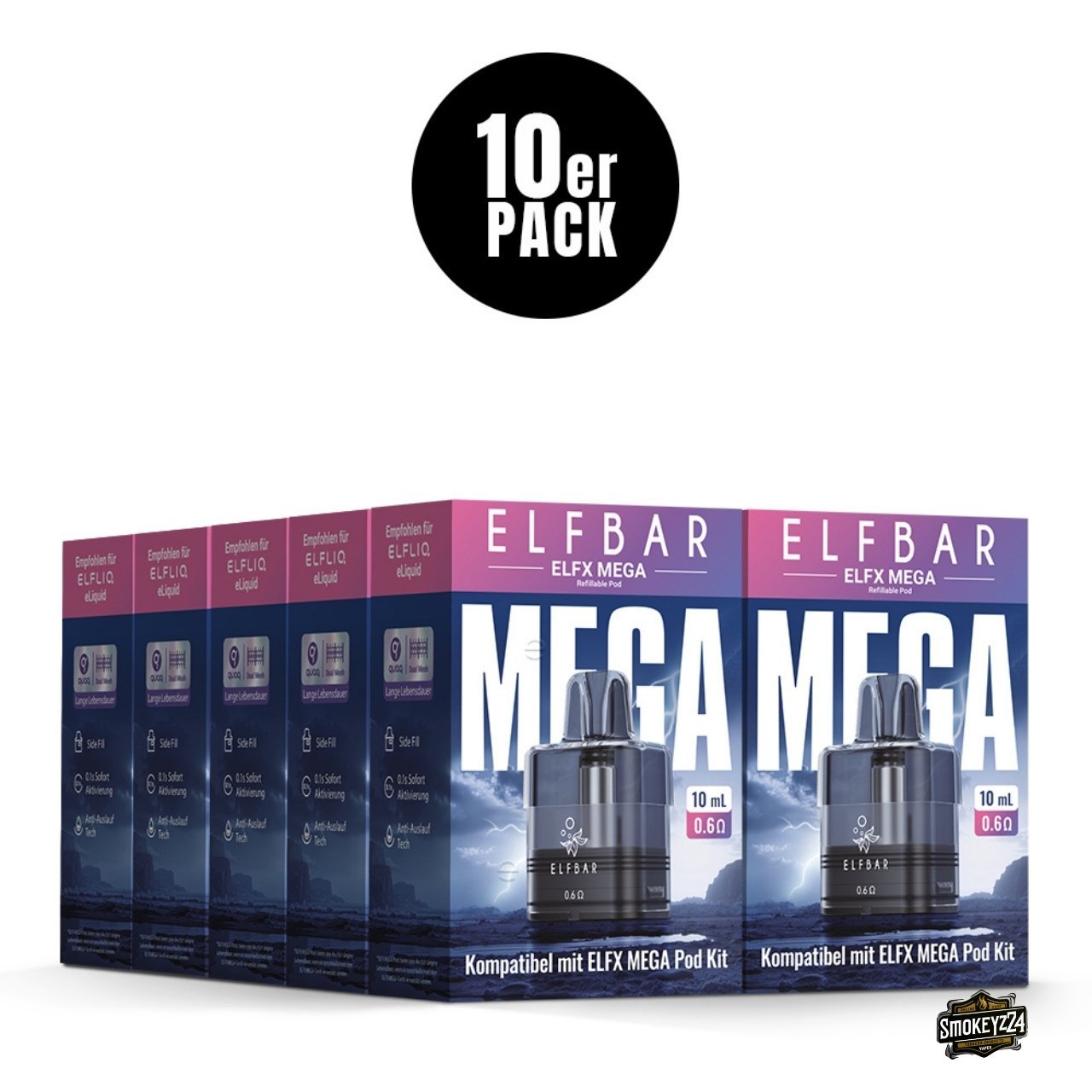 10x Sparpaket Elfbar ELFX MEGA Pod 0.6 Ohm 10ml - mehrere Packungen als Vorratsset, kompatibel mit ELFX MEGA