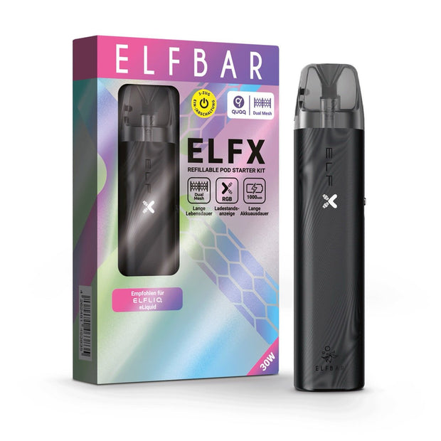 Elfbar ELFX Refillable Kit - Black Gerät neben Verpackung