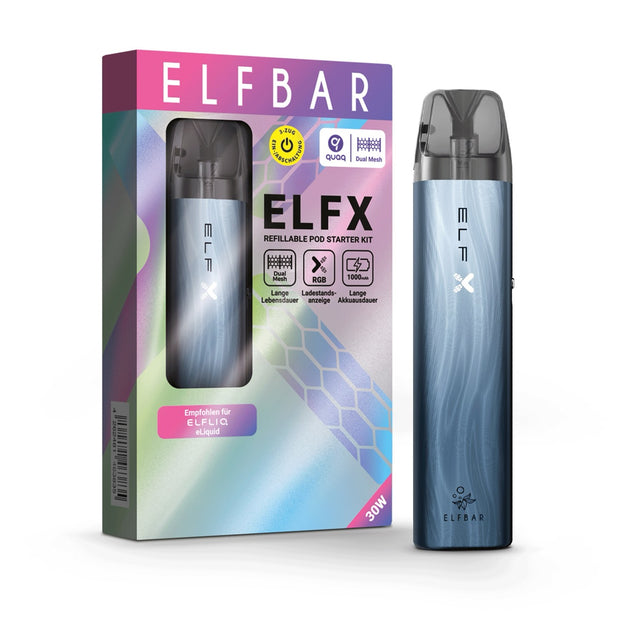 Elfbar ELFX Refillable Kit - Dark-Sea Gerät neben Verpackung
