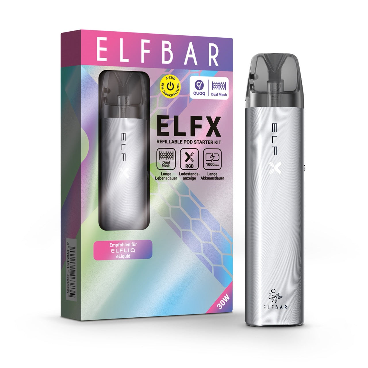 Elfbar ELFX Refillable Kit - Silver Gerät neben Verpackung