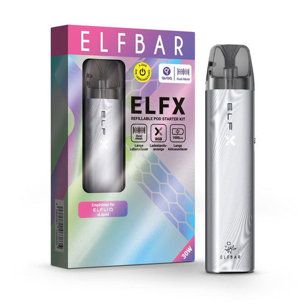 Elfbar ELFX Refillable Kit - Silver Gerät neben Verpackung