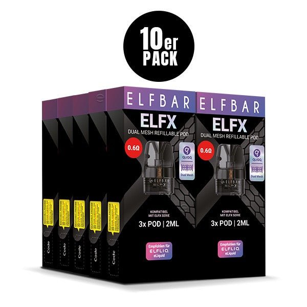 Elfbar ELFX Refill Pod 0,6 Ohm – Sparpaket mit zehn 3er-Packungen, jeweils drei transparente 2-ml Dual-Mesh
