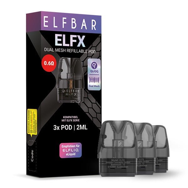 Elfbar ELFX Refill Pod 0,6 Ohm – 3er-Pack mit drei leeren 2-ml Dual-Mesh-Pods neben der Verpackung