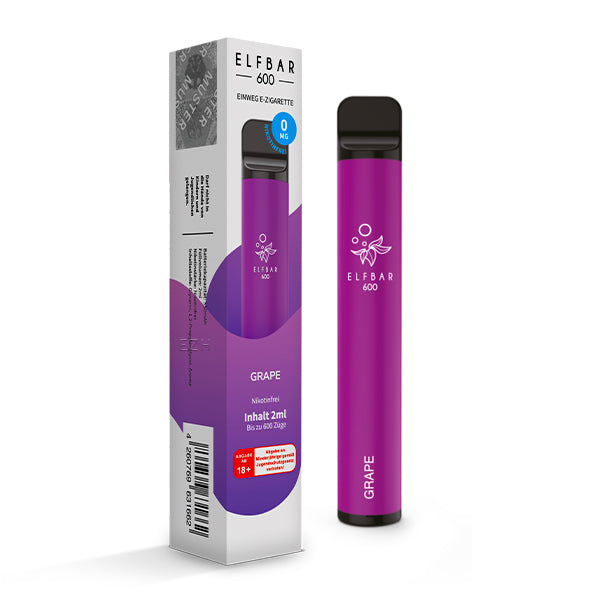 Elfbar 600 ohne nikotin Grape Vape mit Verpackung stehend