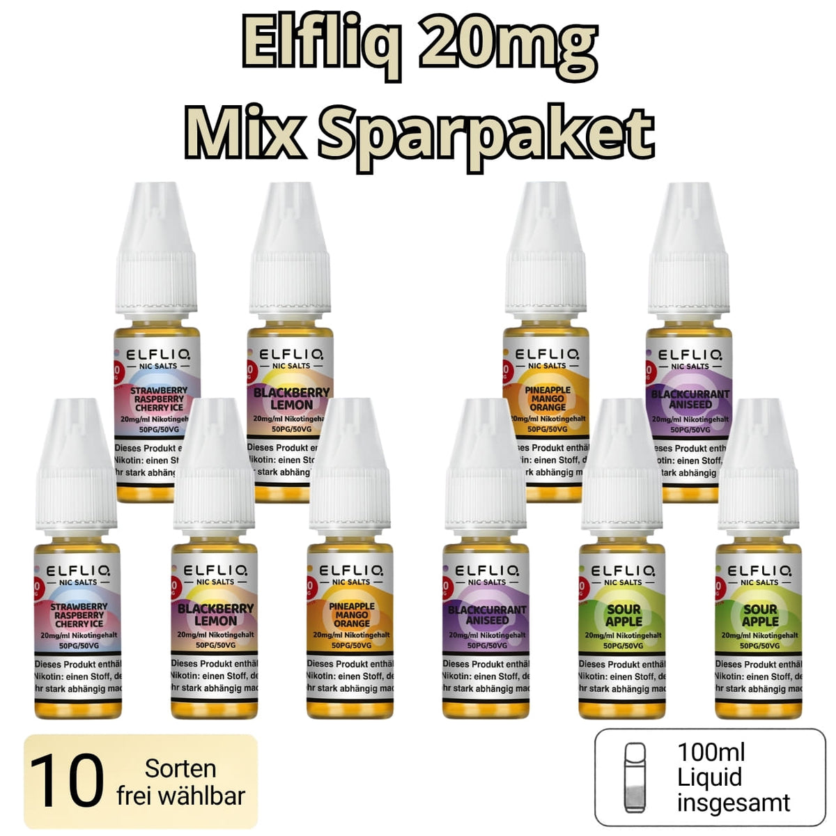 Elfliq Mix Sparpaket 20mg mit 10 Flaschen Nikotinsalz Liquid by Elfbar in verschiedenen Sorten zum frei Zusammenstellen