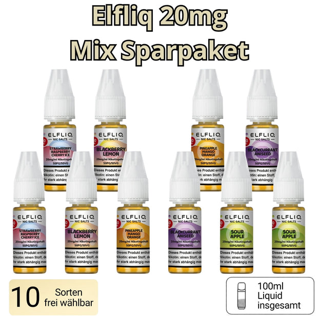 Elfliq Mix Sparpaket 20mg mit 10 Flaschen Nikotinsalz Liquid by Elfbar in verschiedenen Sorten zum frei Zusammenstellen