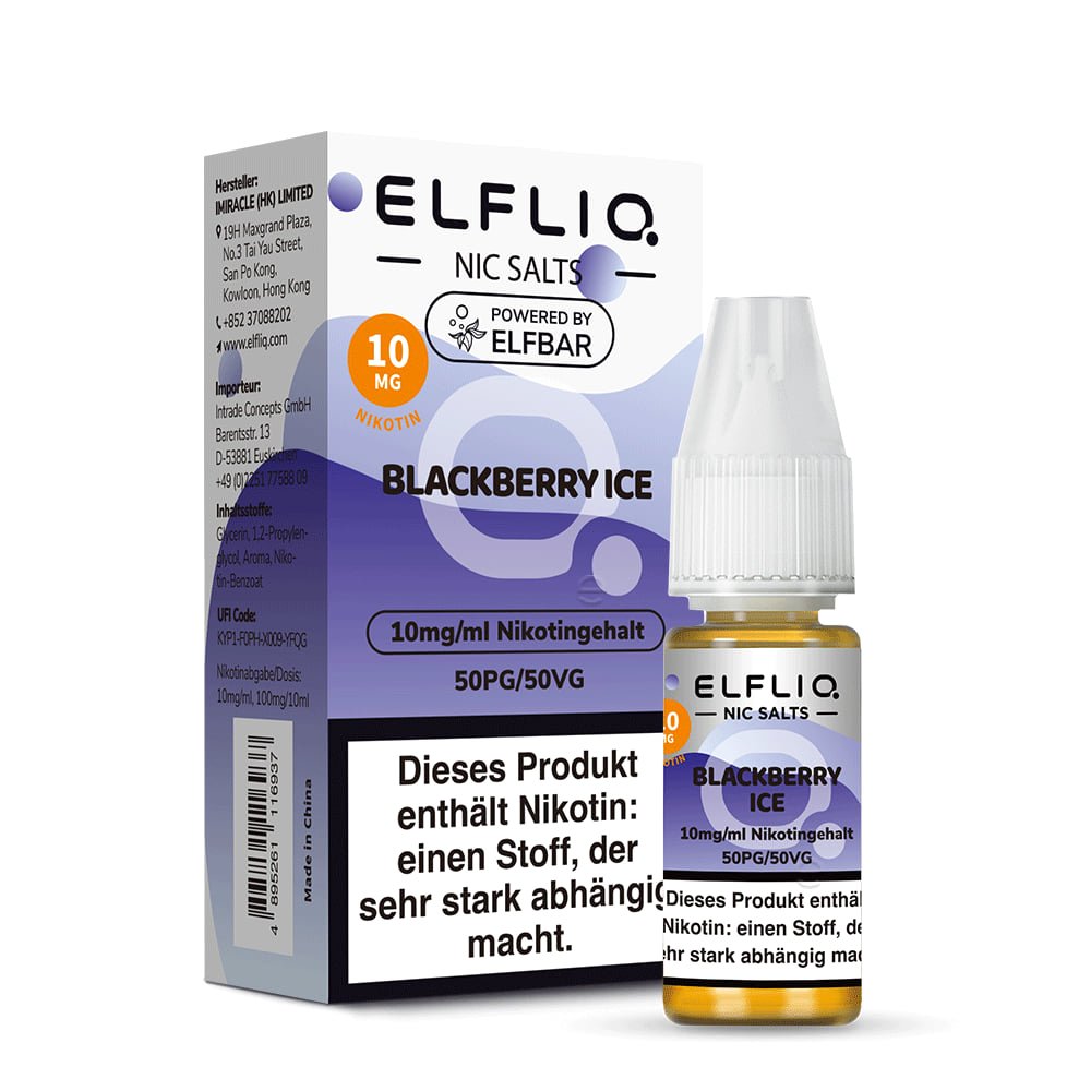 Elfliq Blackberry Ice 10mg Nikotinsalz Liquid by Elfbar - Flasche vor Verpackung, 10 ml
