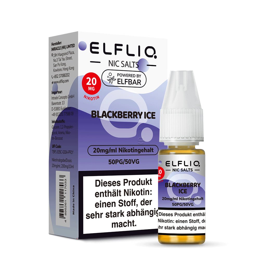 Elfliq Blackberry Ice 20mg Nikotinsalz Liquid by Elfbar - Flasche vor Verpackung, 10 ml