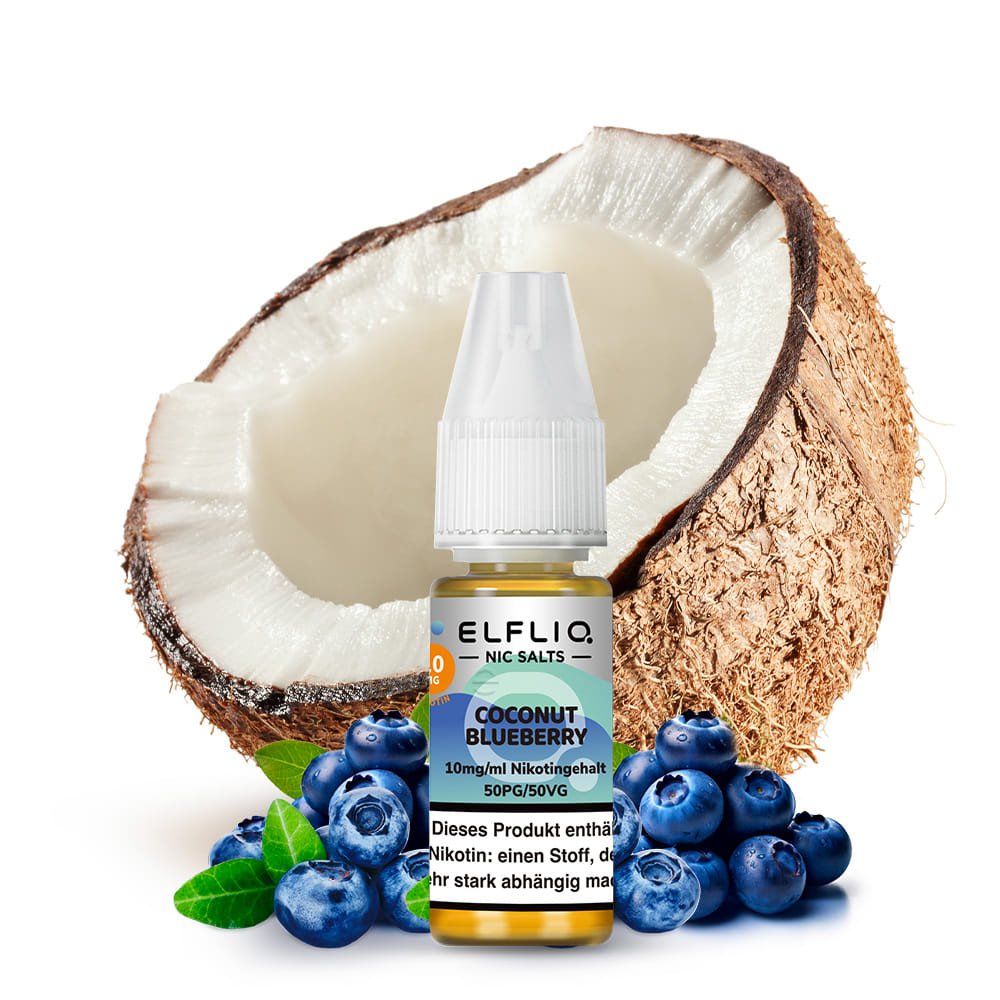 Elfliq Coconut Blueberry 10mg Liquid vor Kokosnuss und Blaubeeren mit Frischemotiv