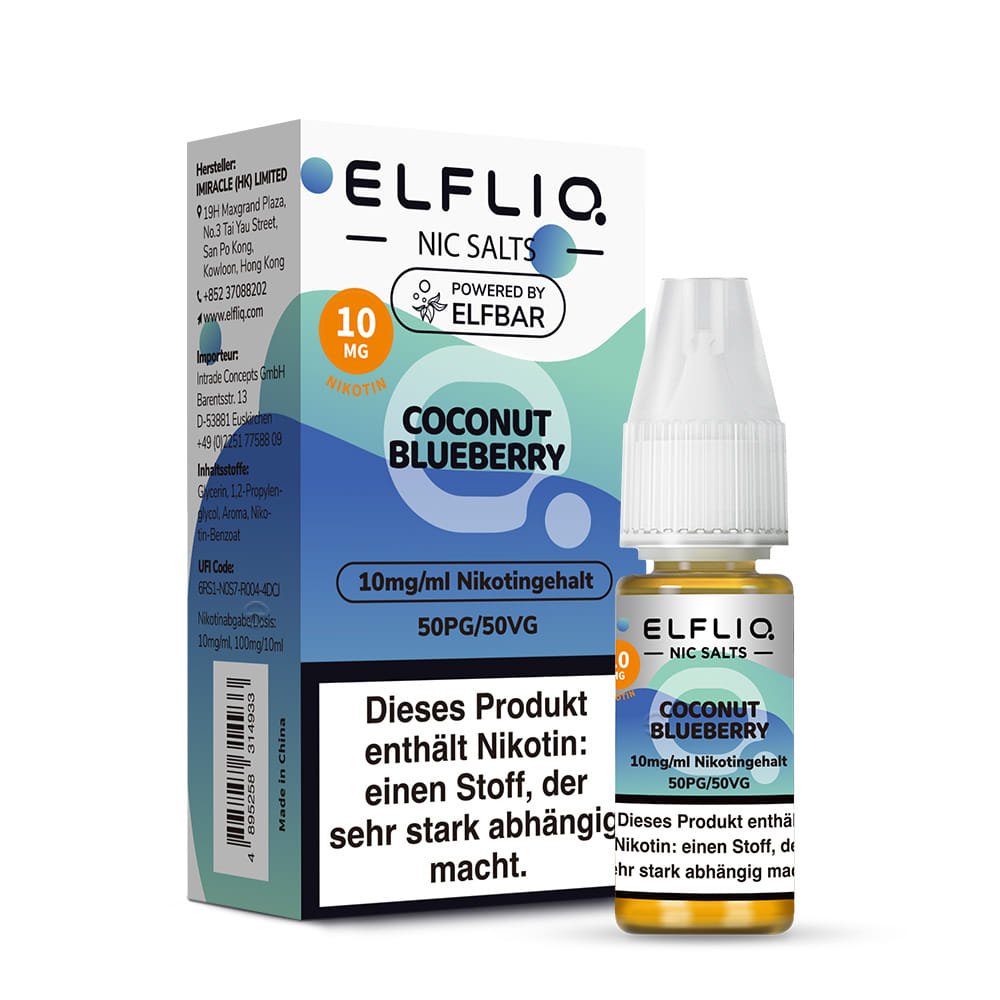 Elfliq Coconut Blueberry 10mg Nikotinsalz Liquid by Elfbar - Flasche vor Verpackung