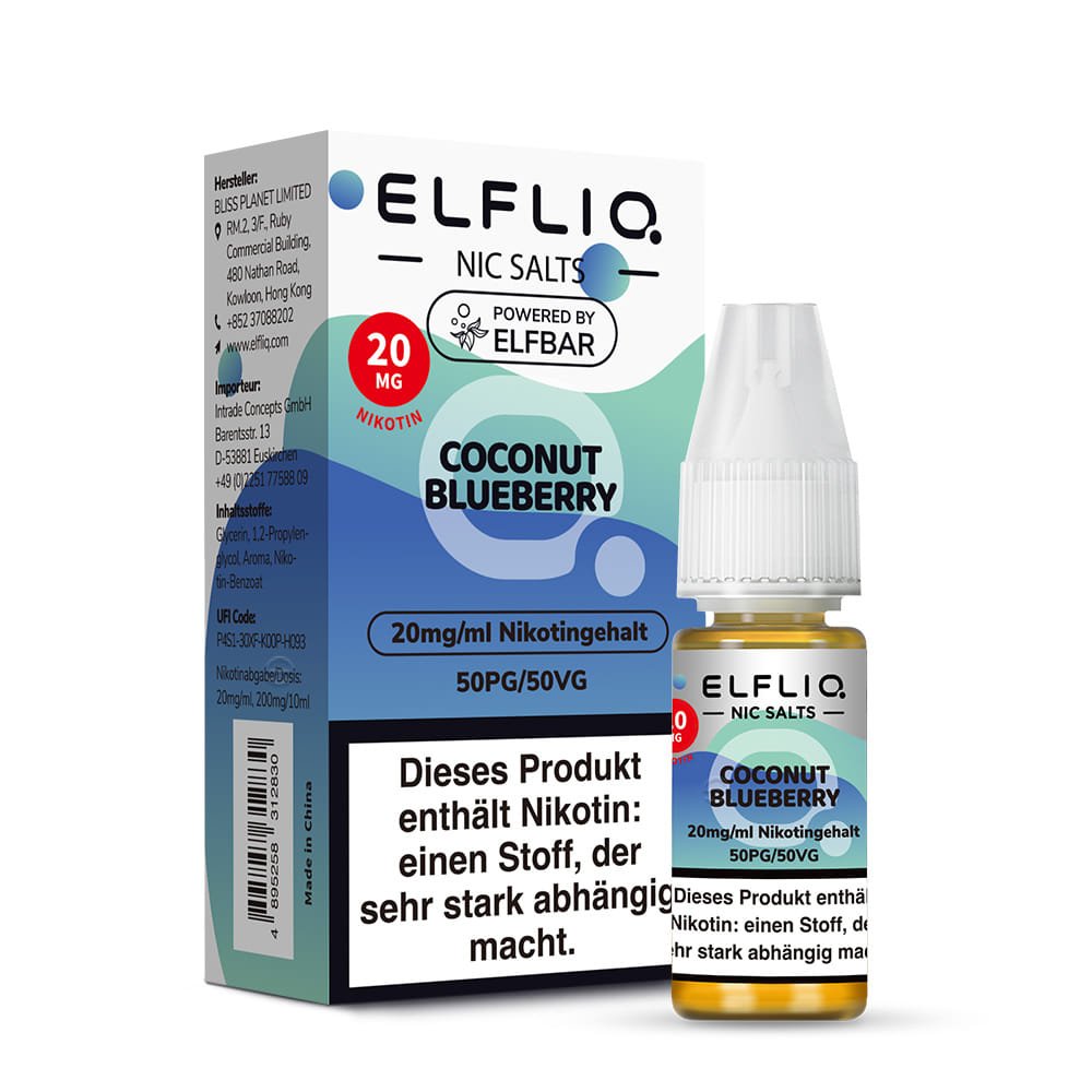 Elfliq Coconut Blueberry 20mg Nikotinsalz Liquid by Elfbar - 10ml Flasche vor Verpackung