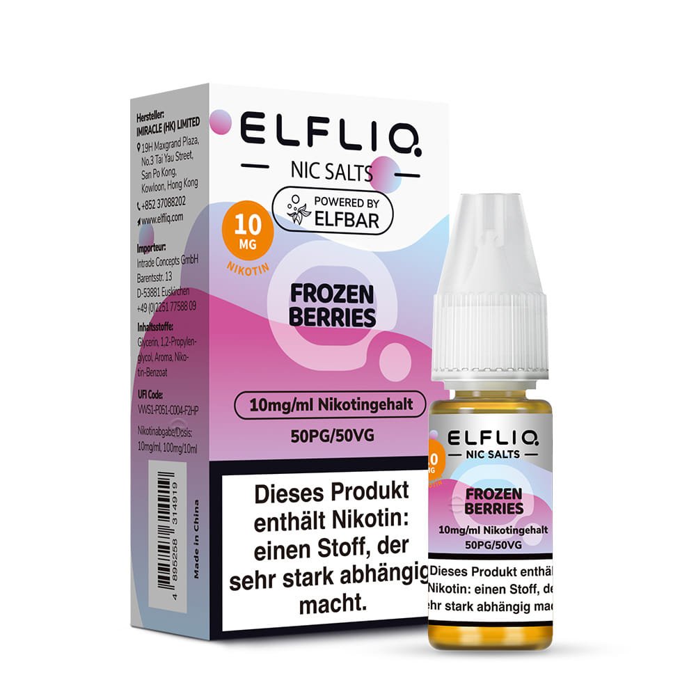 Elfliq Frozen Berries 10mg Nikotinsalz Liquid - Flasche vor Verpackung (10 ml, 50/50)