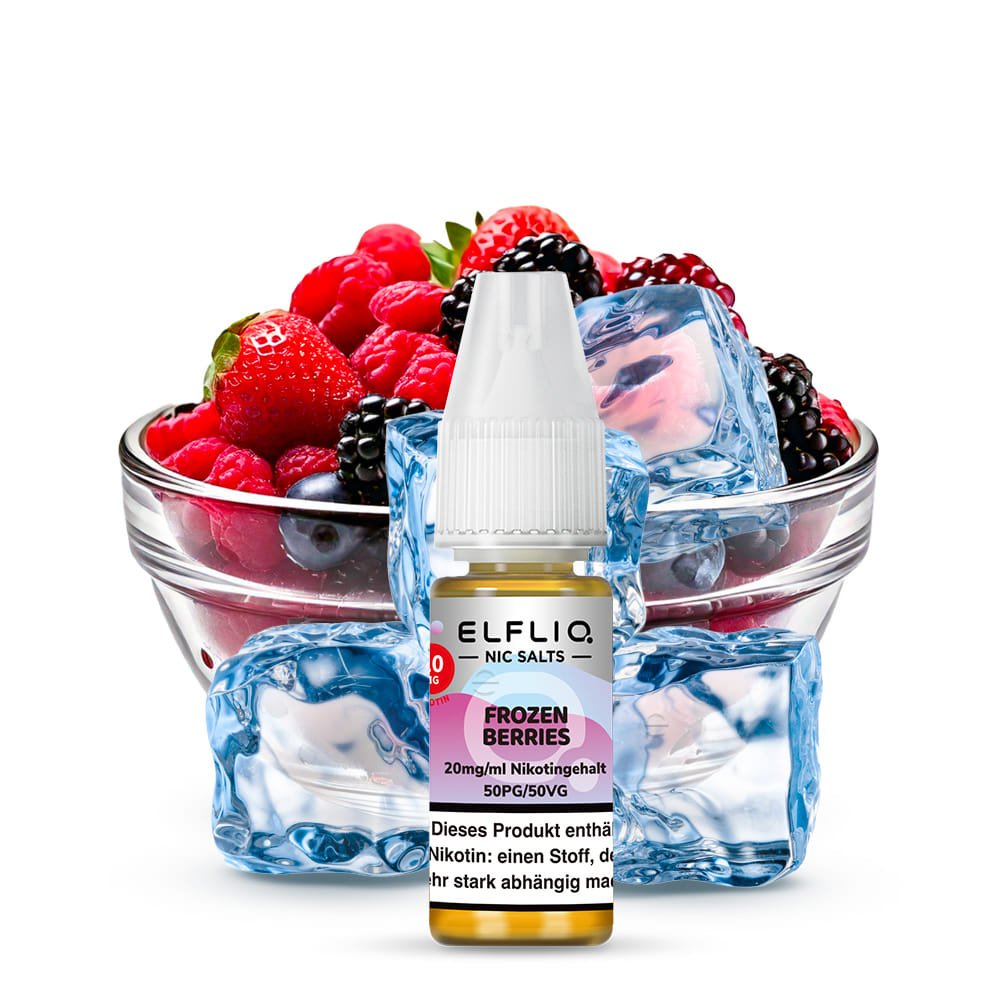 Elfliq Frozen Berries 20mg Nikotinsalz Liquid - Flasche vor Beerenmix mit Eiswürfeln